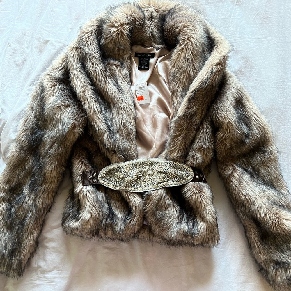 Furry Brown Beaded Belted Evening Jacket